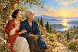 An East Asian woman and elderly man look toward a luminous dawn landscape with quiet hope.