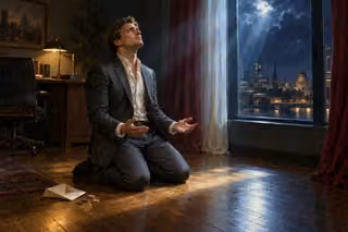 A sober man in a modern suit kneels with open hands in a dark office, looking toward moonlit clouds while coins and an open plain envelope lie aside.