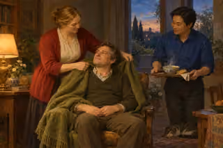 Friends offer a blanket and warm food to a weary man in a quiet evening room.