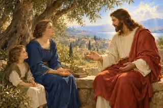 A European woman listens with childlike humility to Christ's gentle teaching beneath an olive tree.