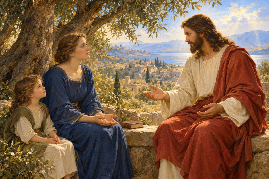 A European woman listens with childlike humility to Christ's gentle teaching beneath an olive tree.