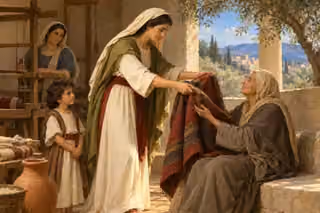 A modestly dressed woman offers a woven cloak to an elderly woman in an Israelite courtyard while a child and another woman watch.