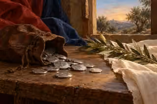 A purse of silver coins rests beside an olive branch on a shadowed table.