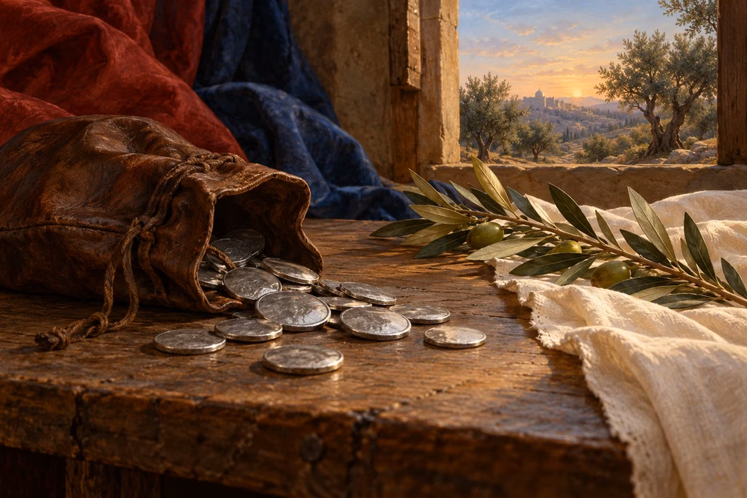 A purse of silver coins rests beside an olive branch on a shadowed table.