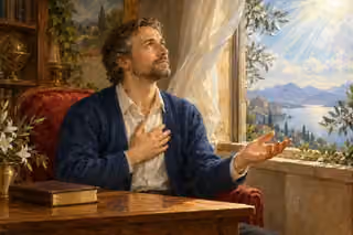 A modern man prays beside a closed book at a wooden desk, lifting an open hand toward light entering through a window.