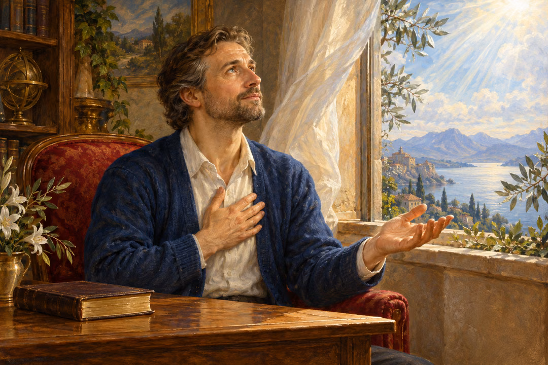 A modern man prays beside a closed book at a wooden desk, lifting an open hand toward light entering through a window.