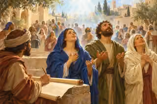 A recorder attends to three renewed believers while the same spiritual radiance unites both the close group and the many people beyond.
