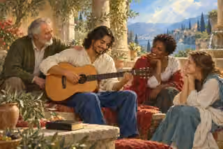 A shoulder-haired guitarist smiles among three welcoming listeners in a bright olive courtyard, with a dove above the distant landscape.