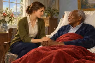 A woman quietly holds an elderly man's hand at his bedside as they exchange peaceful smiles in soft window light.