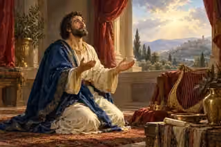 David kneels in hopeful repentance with his crown set beside a lyre.