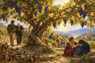 A fruitful vine shelters people showing patience and mercy, while severed withered branches warn against failing to abide.