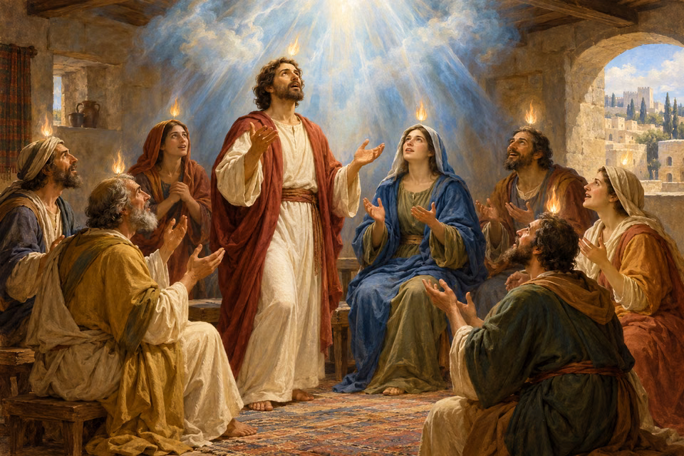 Men and women in an ancient Jerusalem upper room lift their faces and open hands beneath radiant heavenly light and small flame-shaped lights at Pentecost.