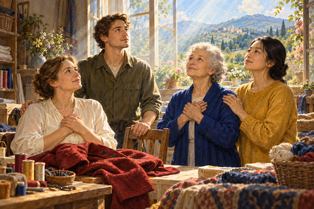 Four neighbors pause together in a sunlit sewing workshop, gazing upward peacefully and supporting one another beside rich folded fabrics.