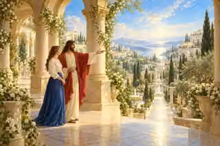 Jesus guides a young woman toward a peaceful horizon of welcoming dwellings and gardens.