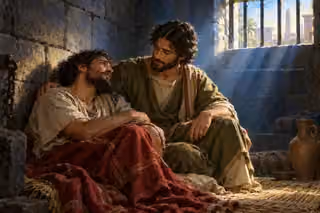 Joseph supports a weary fellow prisoner beneath a barred window admitting cool dawn light into an ancient stone cell.