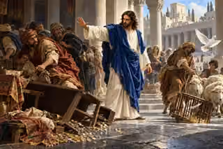 Christ firmly raises his hand beside an overturned money-changer's table as merchants depart and sheep and a dove leave the Temple courtyard.
