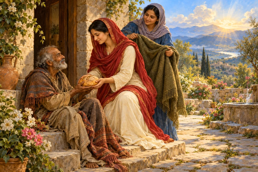 A woman shares bread with an elderly man while a companion offers a blanket beside a flourishing garden.