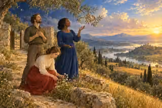 Three quietly attentive adults notice a nearby flower and bird beneath a vast dawn sky over a living olive landscape and winding river.
