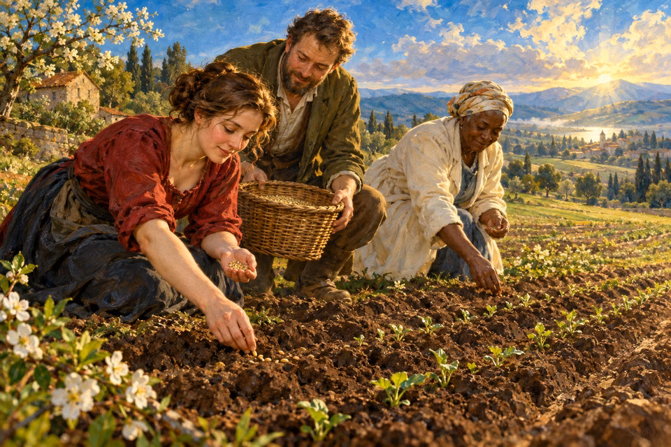 Three neighbors patiently plant seeds in a cultivated field beneath a bright evening sky and flowering branches.