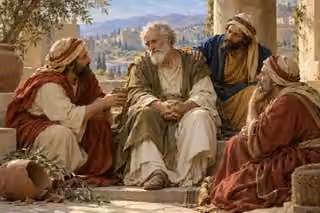 Job seated in an ancient courtyard as three friends offer water and comfort.