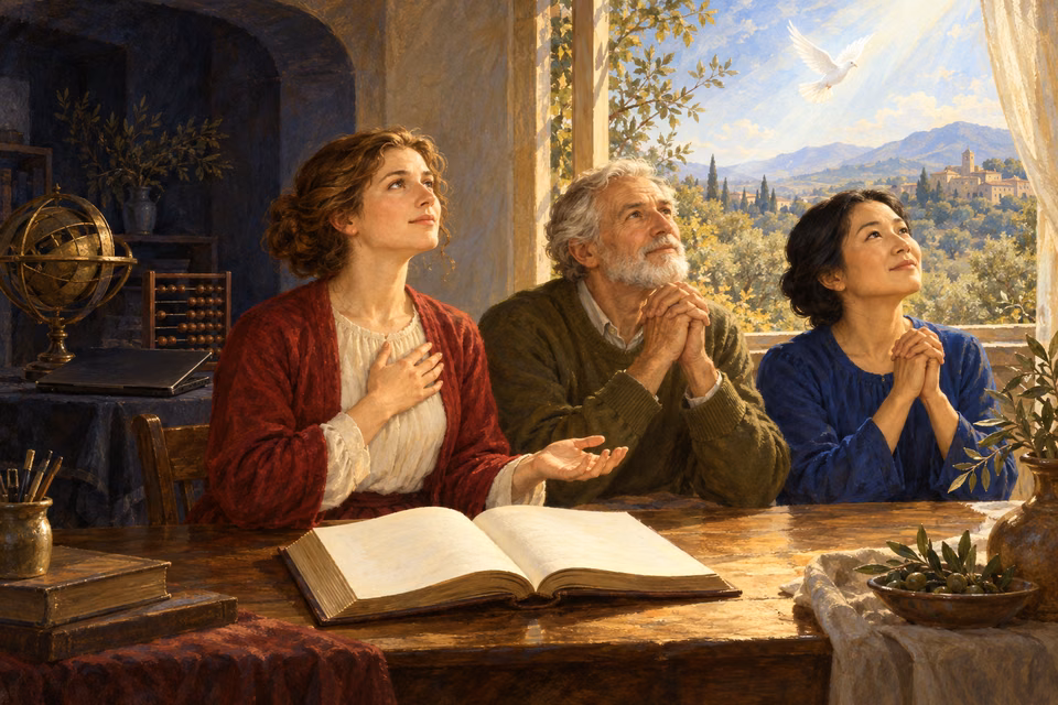 Prayerful readers attend to luminous Spirit-like light above an unmarked book while calculation and divination objects recede into shadow.