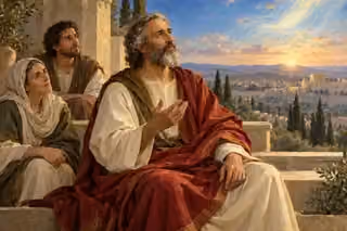 A prophet and two listeners quietly attend to a pearl-lit breeze on an ancient terrace.