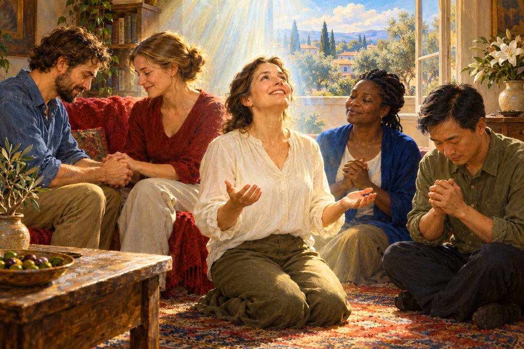 Five people in modern clothes pray in a sunlit living room as a kneeling woman smiles upward with open hands.