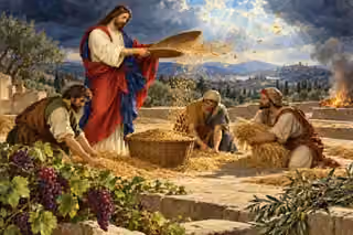 Christ winnows good wheat as disciples gather grain, while chaff burns safely beyond the fruitful foreground.