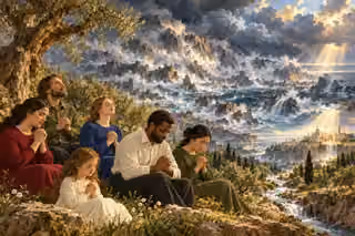 A contemporary group prays peacefully beneath an olive tree beside a gentle luminous stream while distant mountains collapse into a stormy sea.