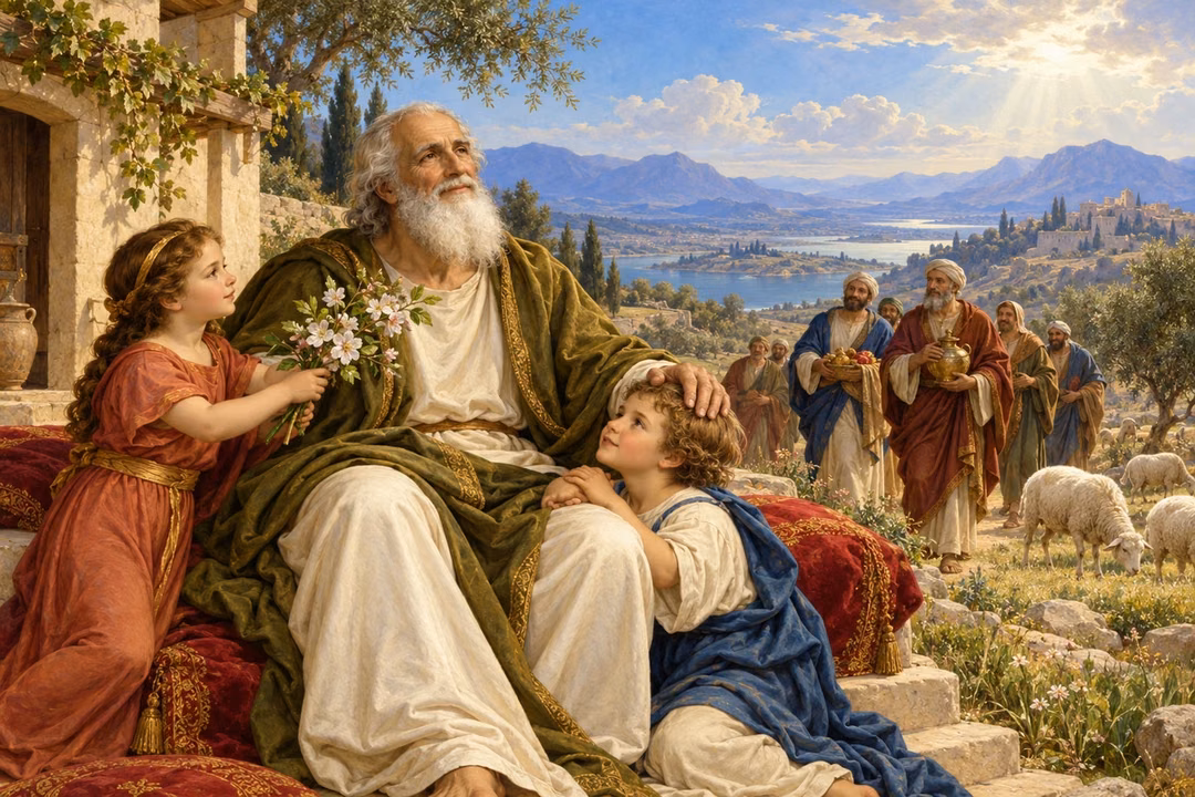 Job receives his grandchildren and returning friends in a restored pastoral home.