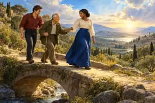 Three companions help an elderly man cross a stone bridge above a sunlit olive valley.