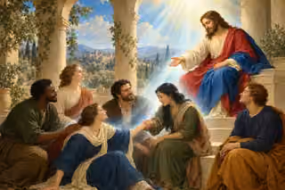 Christ extends a welcoming hand above a reconciled gathering united by one radiant atmosphere of divine life.