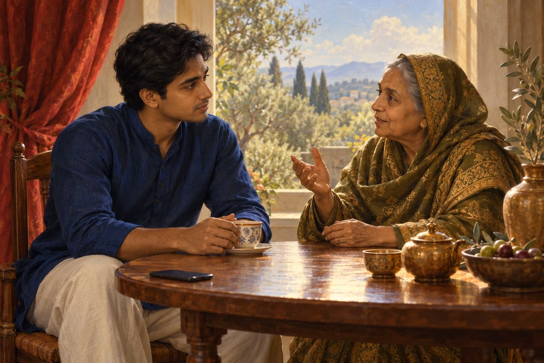 A young man listens attentively as an elderly woman speaks across a quiet tea table.
