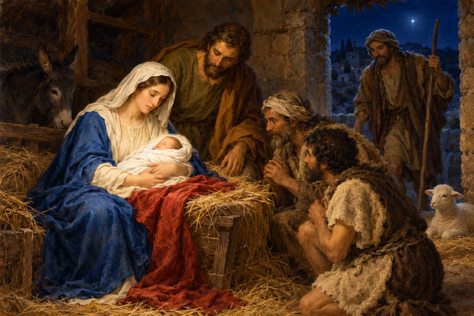 Painting of Mary holding swaddled infant Jesus in a humble stone stable, with Joseph and common shepherds gathered in quiet wonder.