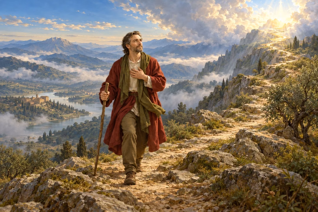 A steadfast man walks a rocky ridge toward gentle heavenly light above a green valley.