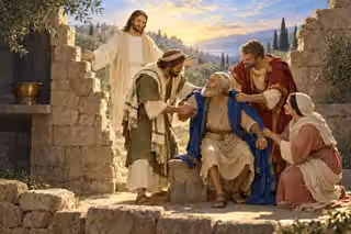 Jewish and Gentile believers cross a broken dividing wall together to help a frail elder, while Jesus welcomes the united community behind them.