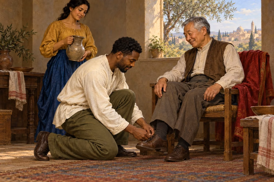Black caregiver kneeling to fasten an elderly East Asian man's shoe while a Latina woman offers water.