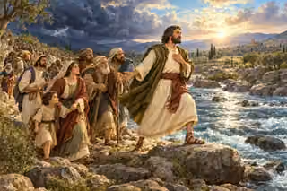 Joshua steps courageously onto a rock beside the Jordan and reassures families and an elder following toward a sunlit promised land.