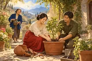Neighbors gently replant a living sapling from a broken pot in a sunlit courtyard.