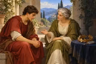 A mentor offers sincere counsel while symbols of vanity rest unused in shade.