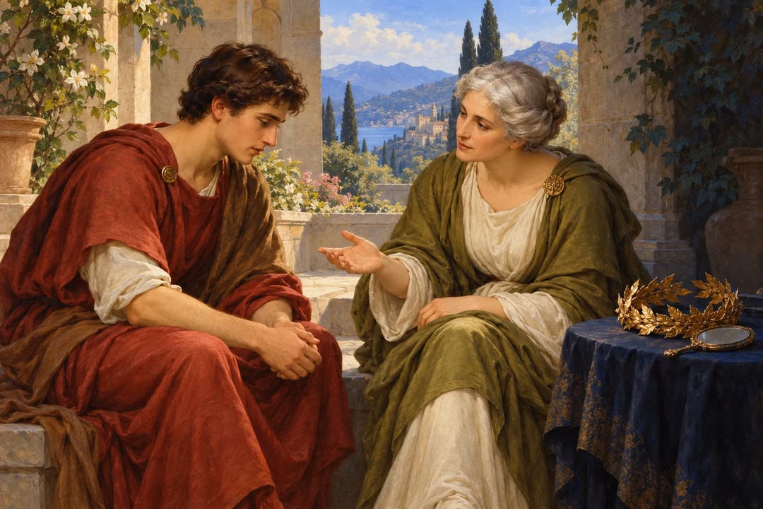 A mentor offers sincere counsel while symbols of vanity rest unused in shade.