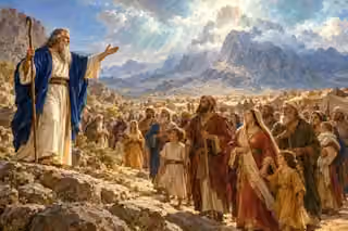 Moses welcomes families gathered beneath the luminous cloud at Sinai.