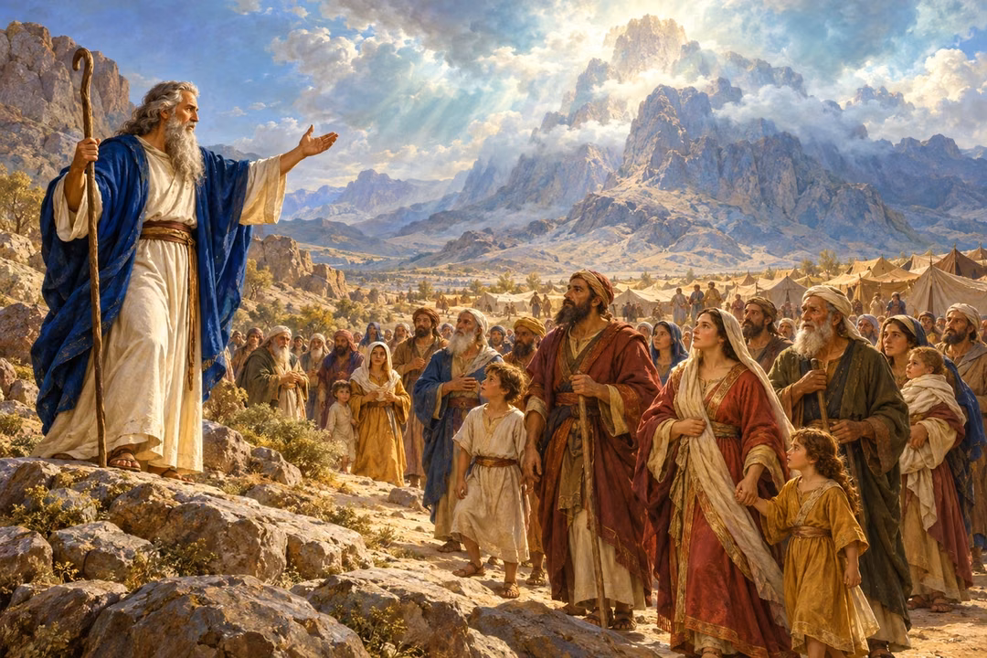 Moses welcomes families gathered beneath the luminous cloud at Sinai.