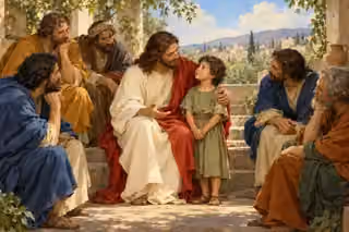Jesus welcomes a little child among disciples, teaching humility and childlike trust.