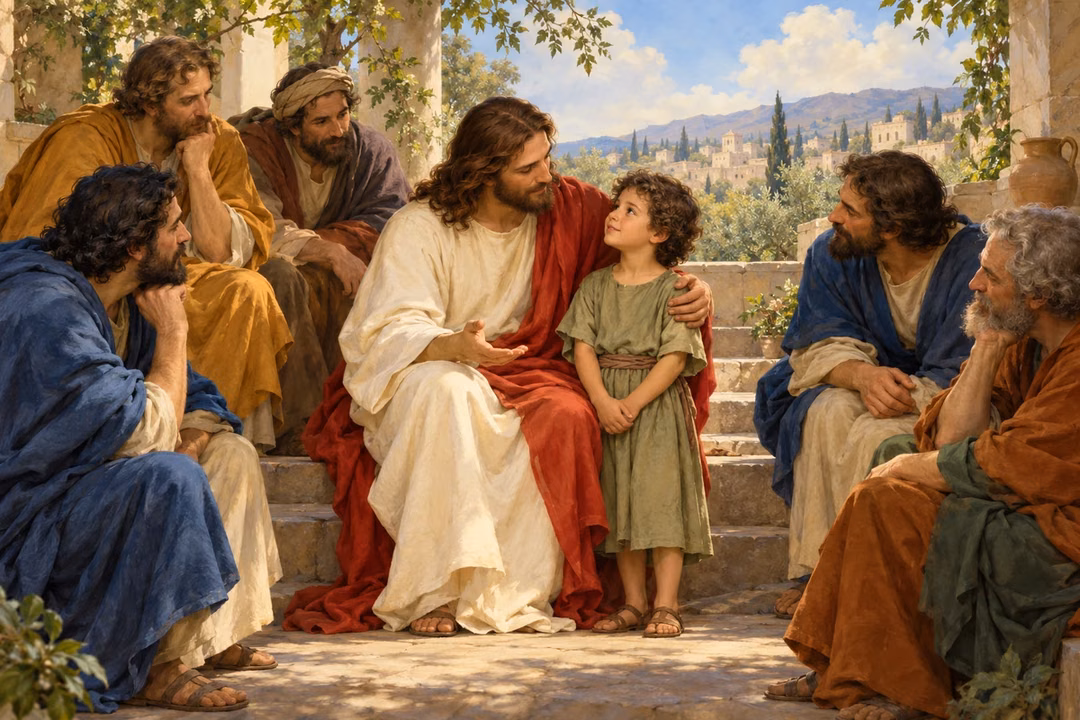 Jesus welcomes a little child among disciples, teaching humility and childlike trust.