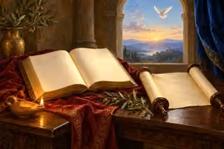 An open scripture book, parchment scroll and oil lamp share warm light beneath a dove at an arched window.