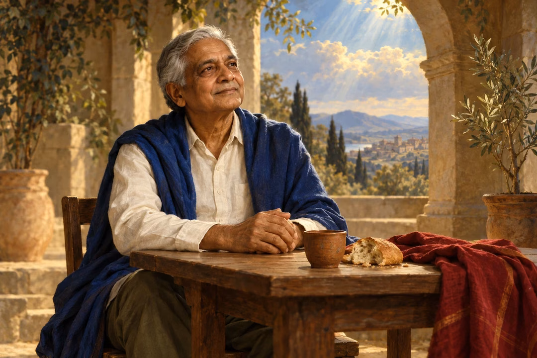 A contented man sits beside simple food in a sunlit courtyard.