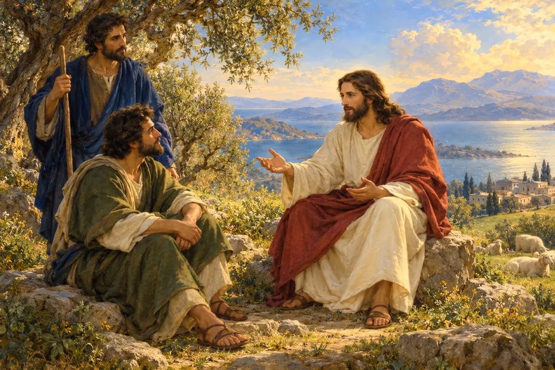 Jesus gently teaches two attentive disciples beside an olive grove.
