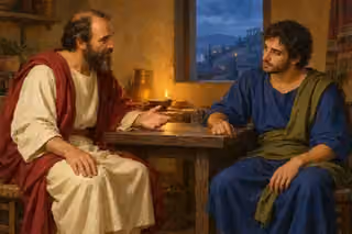 Paul patiently speaks with a younger man across a small wooden table, lit by an oil lamp and blue evening light.