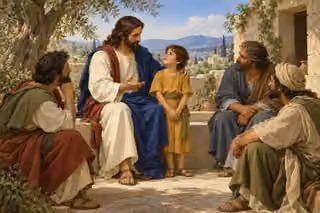 Jesus seated in an olive-shaded Galilean courtyard places a gentle hand on a child's shoulder while three disciples listen to his lesson about childlike humility.